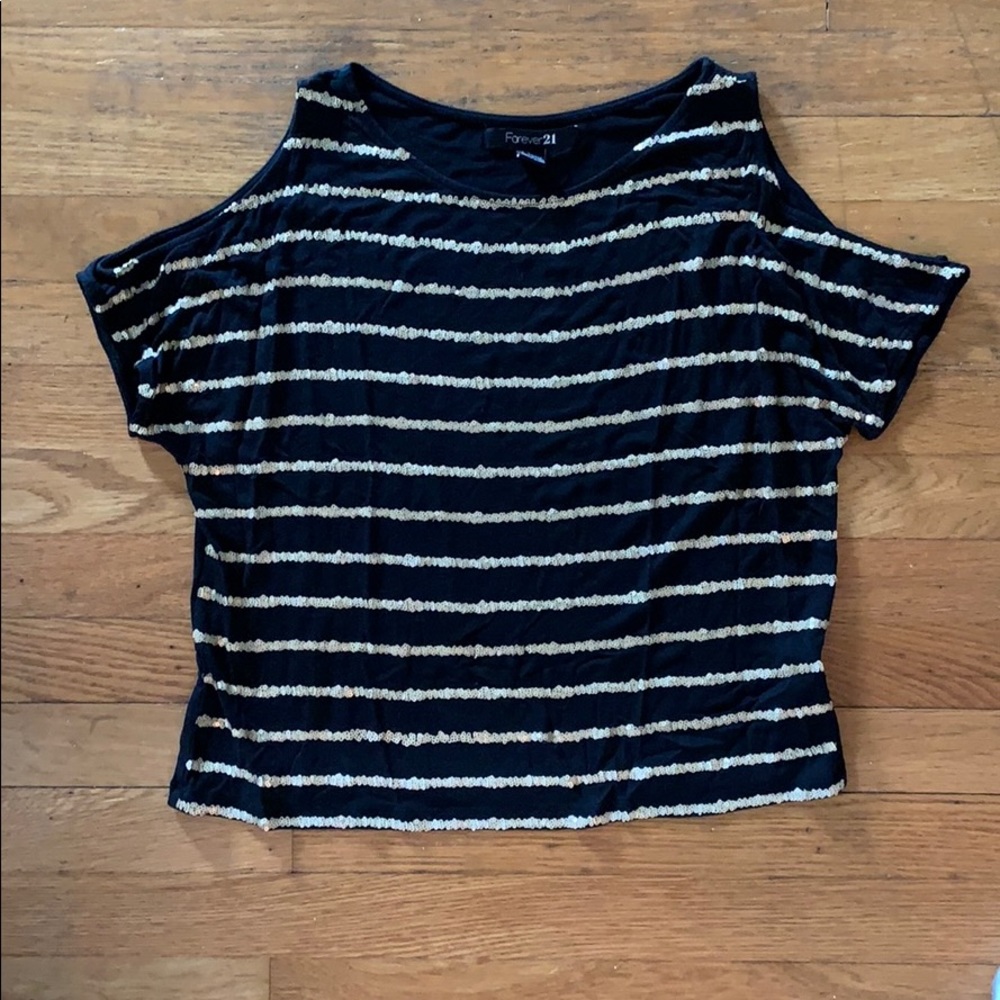 Gold and black sequin top, cut out shoulders, sz S